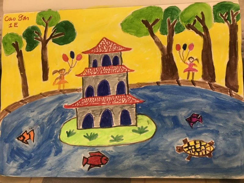 vẽ tranh vẽ hà nội trong em bé vui chơi bên hồ