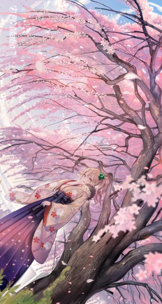 Hình ảnh cây đào anime đang tung bay dưới gió