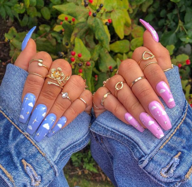 Hình ảnh mẫu nail đám mây màu xanh và hồng