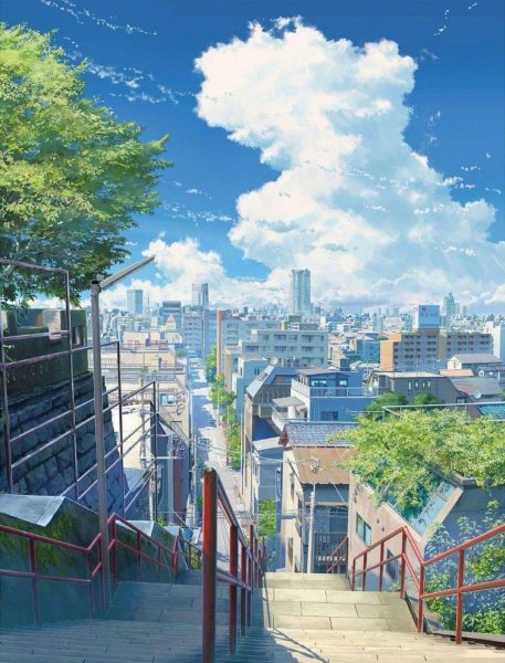 hình nền thành phố và cầu thang dài anime