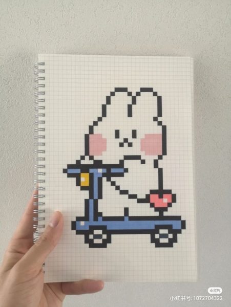 tranh vẽ theo ô vuông cute thỏ con chạy xe