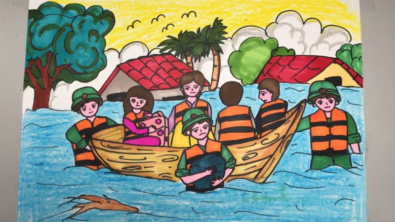 Vẽ tranh chú bộ đội cứu trợ nhân dân vùng lũ