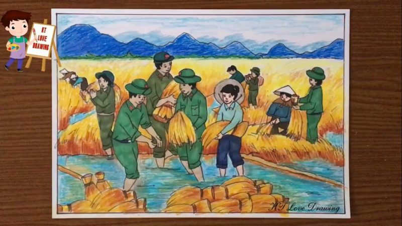 Vẽ tranh chú bộ đội gặt lúa giúp dân