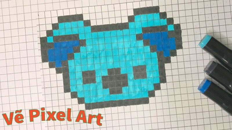 Vẽ tranh đề tài theo ô vuông cute Pixel Art con gấu màu xanh