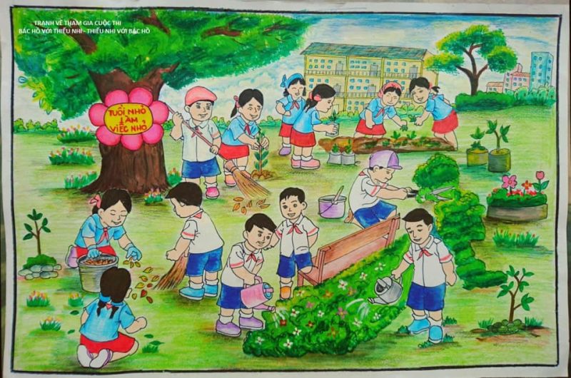 vẽ tranh đề tài thiếu nhi Việt Nam làm nghìn việc tốt giữ gìn sân trường xanh, sạch, đẹp