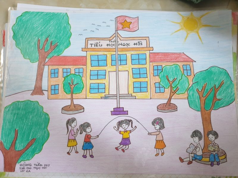 Vẽ tranh trường học hạnh phúc đẹp nhất lớp 1 cực dễ vẽ