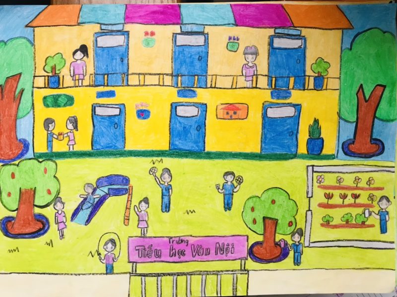 Vẽ tranh trường học hạnh phúc đơn giản của học sinh