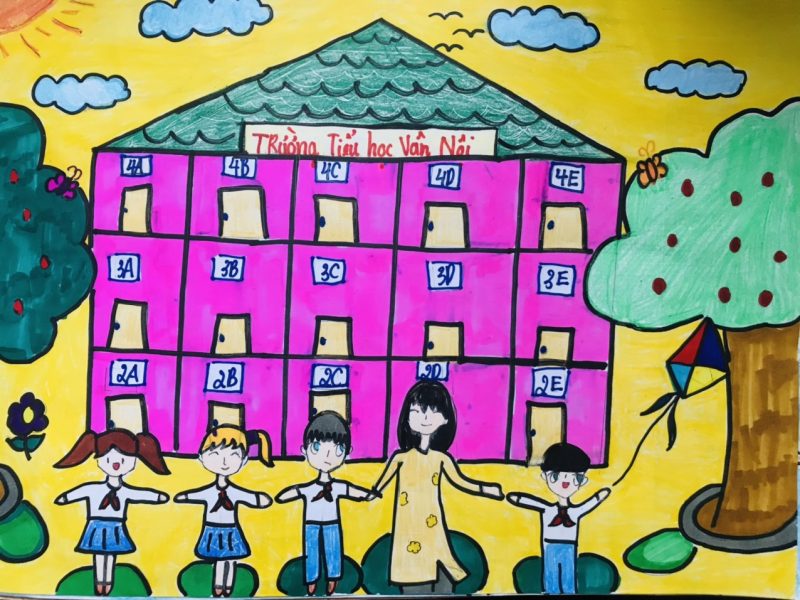 Vẽ tranh trường học hạnh phúc đơn giản của học sinh tiểu học