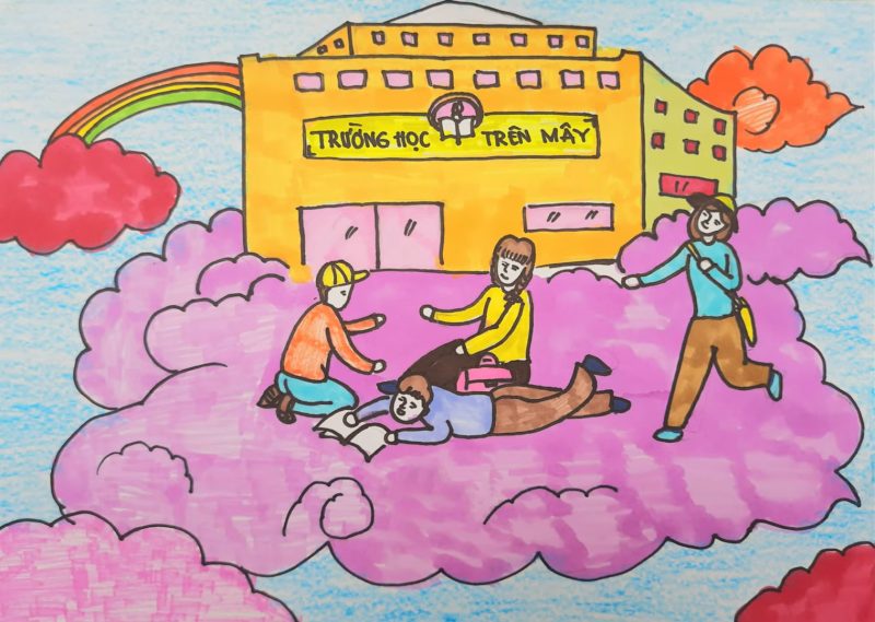 Vẽ tranh trường học hạnh phúc trên mây