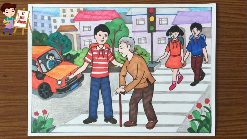 vẽ tranh yêu thương con người học sinh giúp bà qua đường